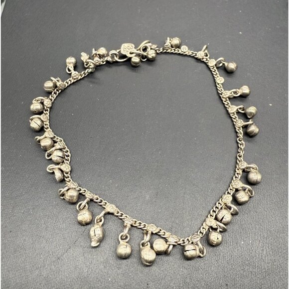 Vintage India Anklet Floral Bell Silver-Toned Charm 11 Inches Long Handmade Look - Picture 1 of 5
